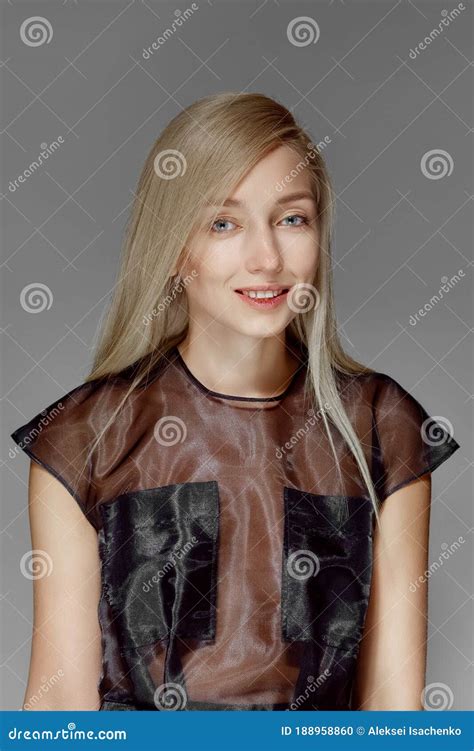 Beautiful Blonde Girl In Transparent Black Blouse Stock Photo Image Of Black Smile