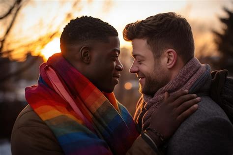 Premium Photo Portrait Of A Happy Gay Couple Embracing Each Other Outdoorsdiversity And Lgbt