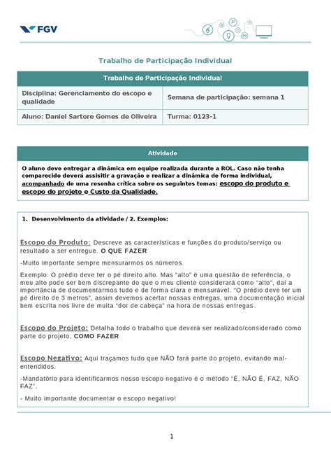 Resumo de aula de gerenciamento de escopo e qualidade | Notas de aula