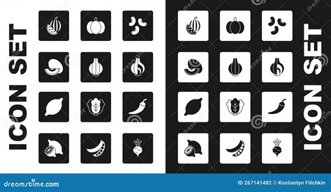 Set Beans Onion Melon Fruit Watermelon Pumpkin Hot Chili Pepper Pod And Lemon Icon Vector