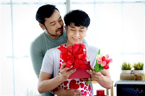 Happy Smiling Lgbt Couple Share Special Moment Together On Valentine Day Asian Gay Male Opening