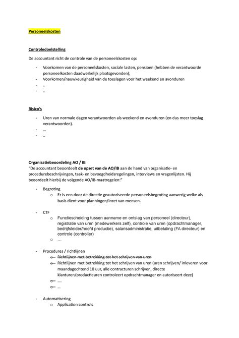 Controleplan Standaardzin Personeelskosten Controledoelstelling De