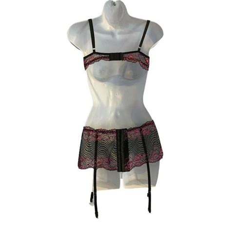 Intimates Sleepwear Avidlove Piece Garter Belt And Bra Set Black Pink Floral Lace Lingerie