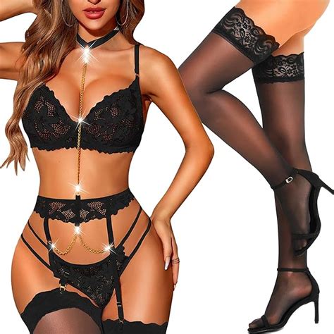 Amazon Rslove Women S Lingerie Sets With Garter Belt And Thigh High Sheer Stockings
