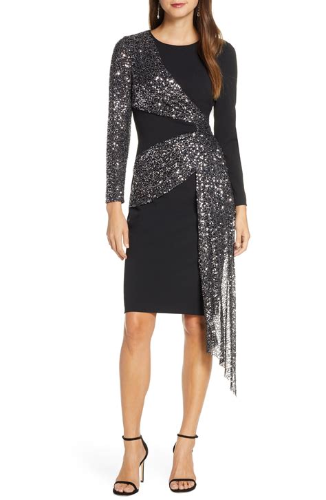 Eliza J Sequin Sash Long Sleeve Scuba Crepe Cocktail Dress Nordstrom