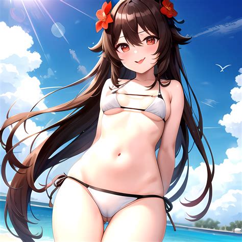 1girl Q Absurdres Arms Behind Back Bikini Blush Breasts Brown Hair Cameltoe Cleft Of Venus