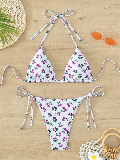 Cherry Print Halter Triangle Bikini Swimsuit SHEIN USA