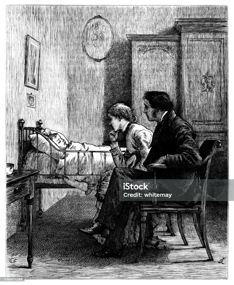 victorian parents watching   sick child stock illustration