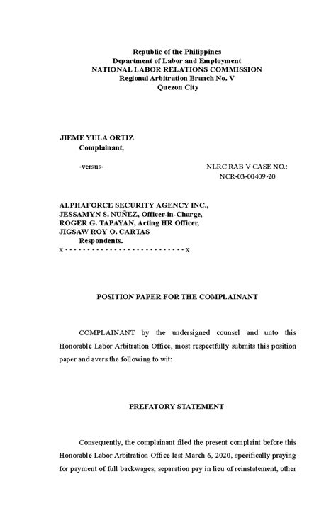 sample position paper republic   philippines department  labor