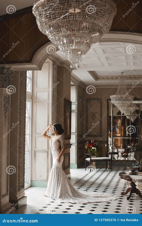 Beautiful And Brunette Model Girl With Perfect Body In A Fashionable Stylish Lace Dress With