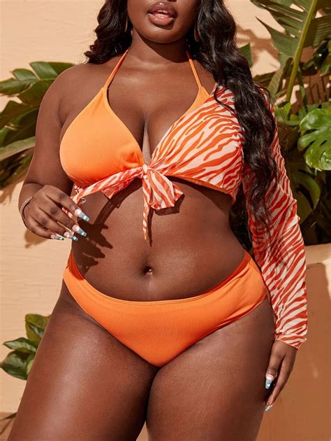 Packs Plus Size Solid Rib Triangle Bikini Set Zebra Stripe Cover Up Top Summer Beach Shein Usa