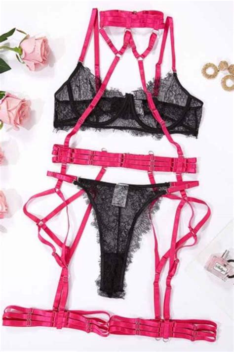 Sexy Sheer Lace Halter Neck Four Piece Lingerie Set Wow Garments