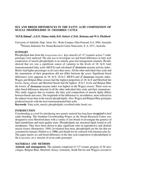 PDF Sex And Breed Differences In The Fatty Acid Composition Of Muscle Phospholipids In