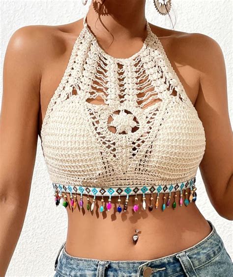 Cropped de Crochê Nude Bojo Pedrarias Biquíni Elo