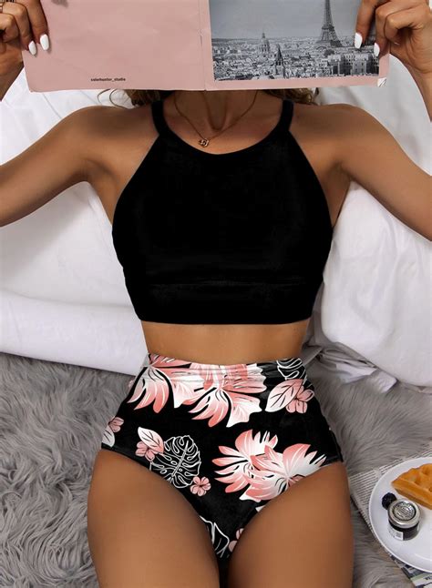 Snapklik Womens Black Bikini Sets High Round Neck Tropical Leaf Print High Waisted Two