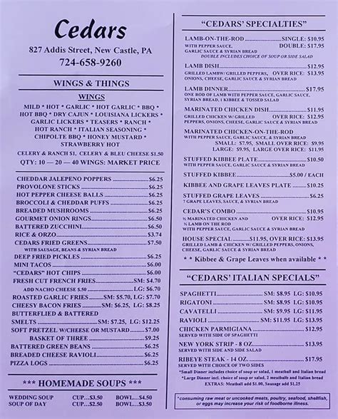 Menu At Cedars Restaurant New Castle