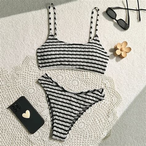 Womens Striped High Waisted Bikini Swimwear Set On Luulla