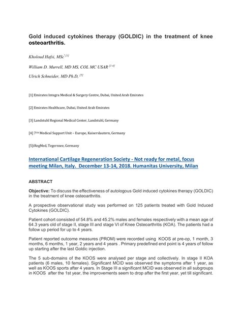 PDF Gold Induced Cytokines Therapy GOLDIC In The Treatment Of Knee