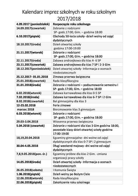 Kalendarz imprez szkolnych w roku szkolnym 2017 2018 Szkoła