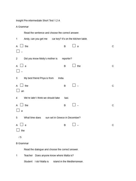 Insight Pre-Intermediate Short Test 1 | PDF