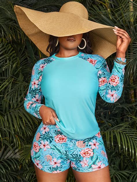 Shein Swim Curve Plus Tropical Print High Neck Shorts Bikini Swimsuit