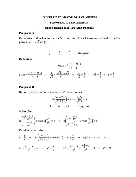 Solucionario 2do Parcial Mat 101 I 2021 UNIVERSIDAD MAYOR DE SAN