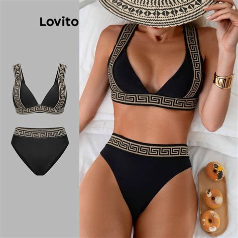 Lovito Casual Bikini Sets Plain Contrast Tape Bikini Sets For Women LBL Shopee Malaysia