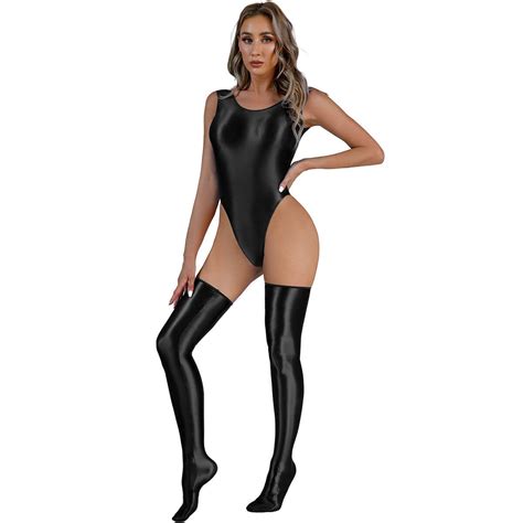 Women Sleeveless Oil Shiny Glossy Bodysuit High Cut Leotard Thigh Highs Lingerie Ebay