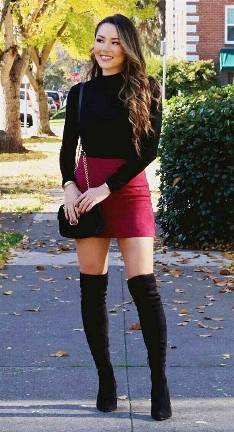 Skater Skirt With Thigh High Boots Skater Skirts Outfits Fashion