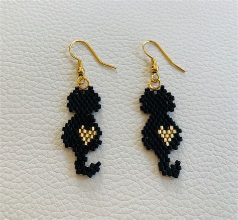 Cute Black Cat Earrings Beaded Cat Miyuki Seed Bead Dangle Etsy