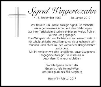 Traueranzeigen Von Sigrid Wingertszahn Wirtrauern