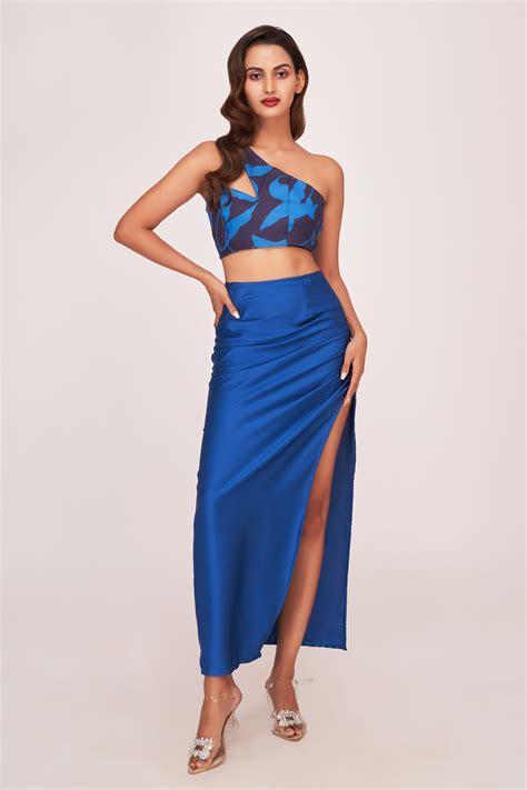 Buy Blue Satin Patterned Floral One Shoulder Top And Skirt Set For