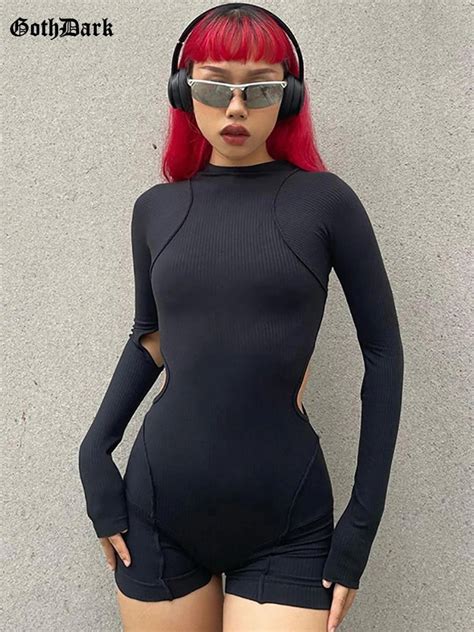 Goth Dark Techwear Cyber Y K Bodycon Women Playsuits Gothic Punk Long