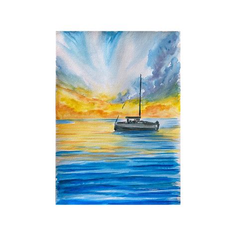 Boat Painting Watercolor, Sailboat Sunset Watercolor Painting, Boat ...