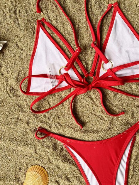 Shein Swim Sxy Conjunto De Mai Bikini Vazado De Duas Pe As Cor S Lida Para Praia Piscina E