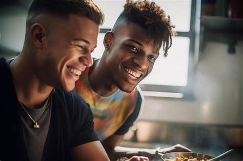 Feliz Y Sexy Pareja Gay Joven Cocinando Comida Juntos En Casa Foto Premium