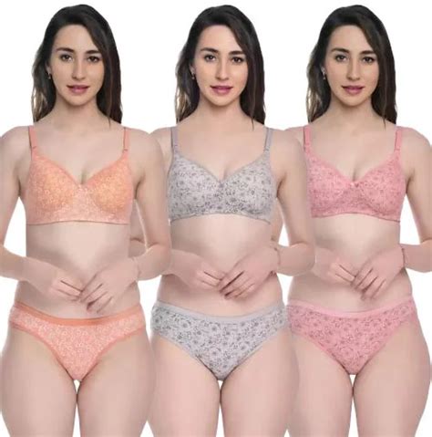 Buy Aamarsh Women Cotton Bra Panty Set For Lingerie Set Pack Of 3 Color Orange Grey Pink