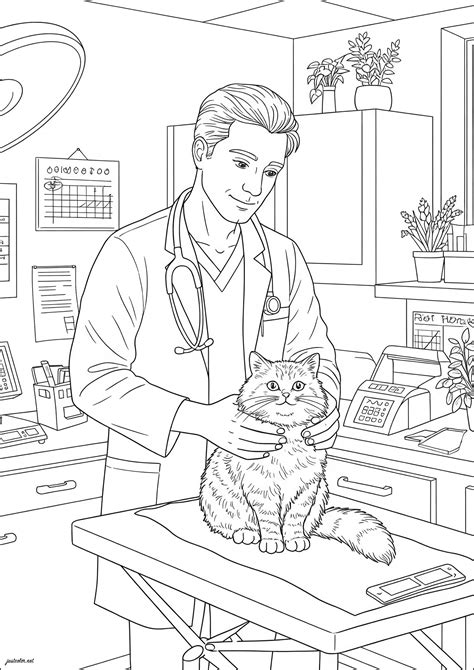 Desenho bonito de um veterinário com um gato - Páginas de Profissões para colorir para crianças