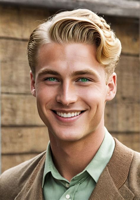 Young man with golden blond hair with a slight wave to it. g... by ...