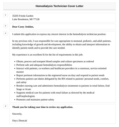 Hemodialysis Technician Cover Letter | Velvet Jobs