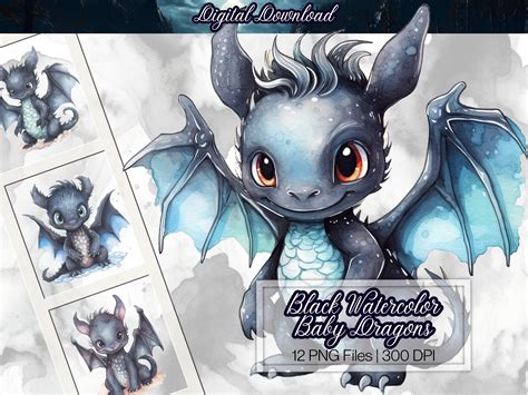 Black Baby Dragon Watercolor Clipart, Commercial Use, PNG 300 DPI for ...