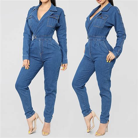 High Quality Women Denim Jumpsuit Ladies Long Sleeve Jeans Rompers