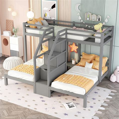 merax wood triple bunk bed frame  built  staircase drawers  guardrails  box spring