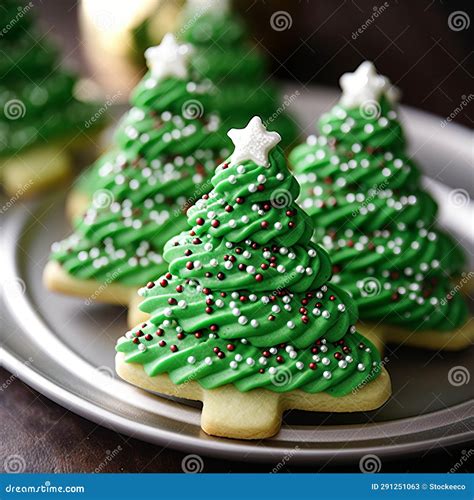 Christmas Tree Sugar Cookies With Green Frosting And Sprinkles Stock