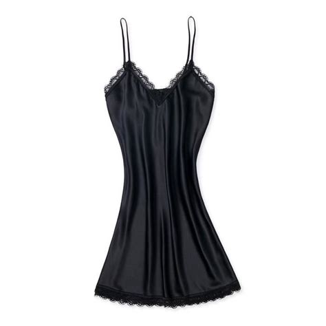 Nuisette Noir taille XL pyjama déshabillé en tissu satiné et dentelle lingerie nuit femme sexy