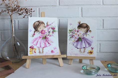 Картина маслом Девочка с цветами, девочка в платье с подарками в ...