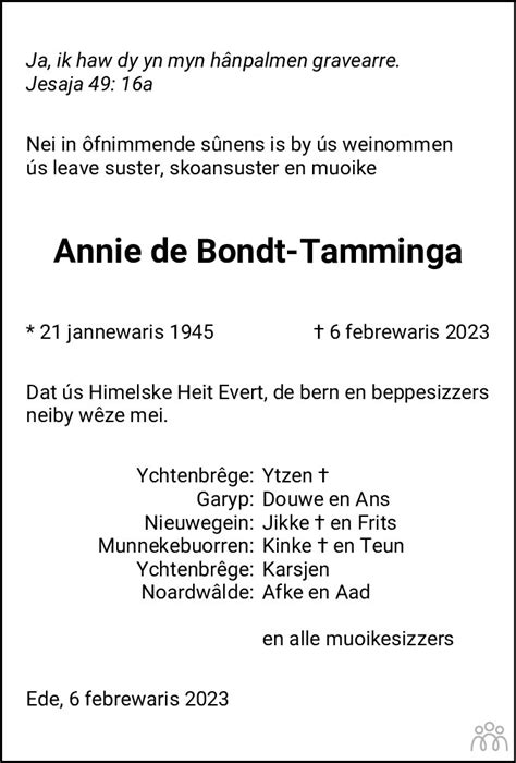 Annie De Bondt Tamminga 06 02 2023 Overlijdensbericht En Condoleances