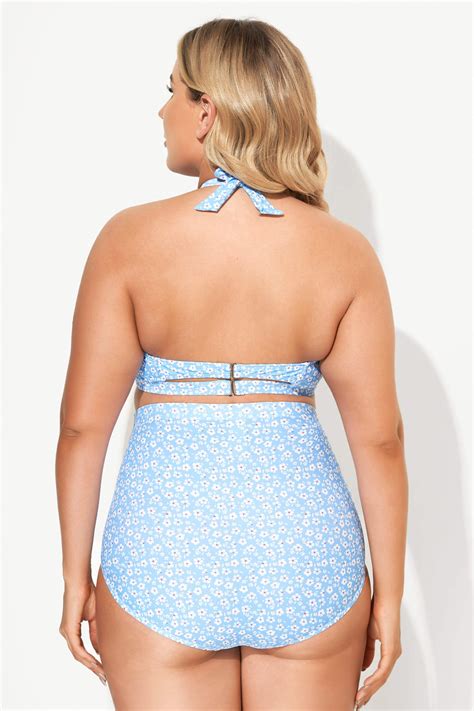Blue Floral High Waist Bikini Set For Lady Meet Curve Meet Curve