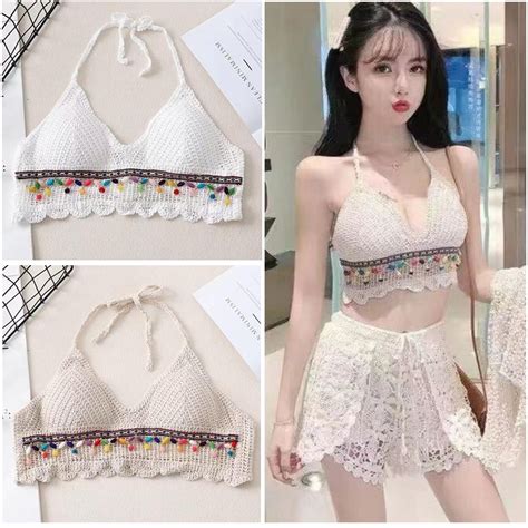 Korean Trendy Crochet Crop Top White Bikini Tops Swimwear For Women Sexy Beach Swimsuit Halter