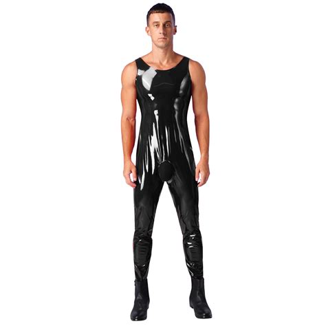 Mens One Piece Wet Look Patent Leather Bodysuit Sleeveless Leotard